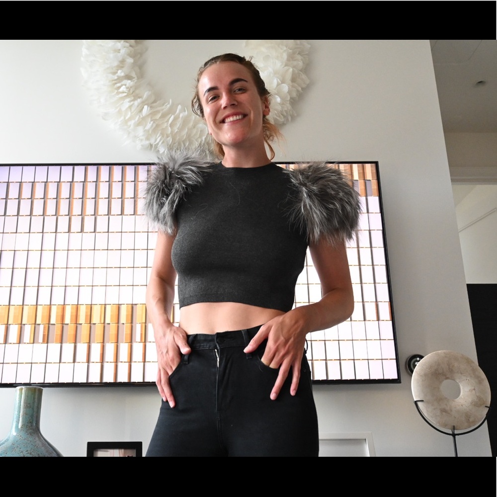 Alice and Olivia cropped feather sleeve top